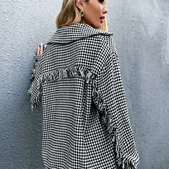 Drop Shoulder Houndstooth Fringe Trim Tweed Coat - Picture 3 of 9